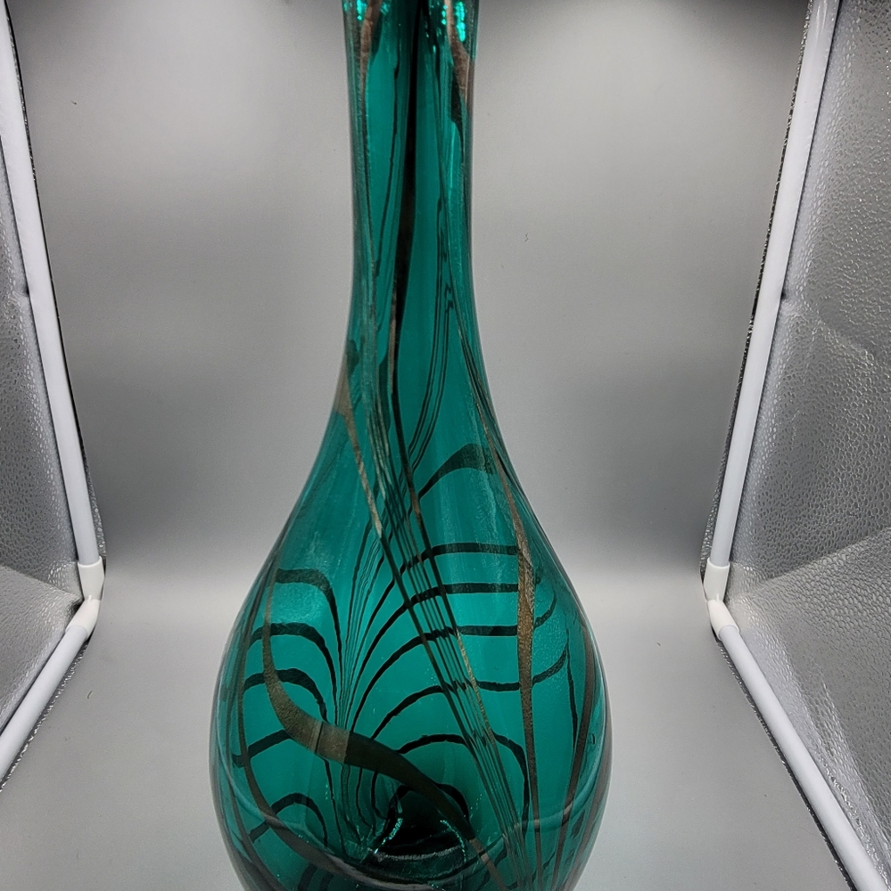 Handmade Aqua Teal Blue Glass Vase Silver Overlay 14 1/4" tall